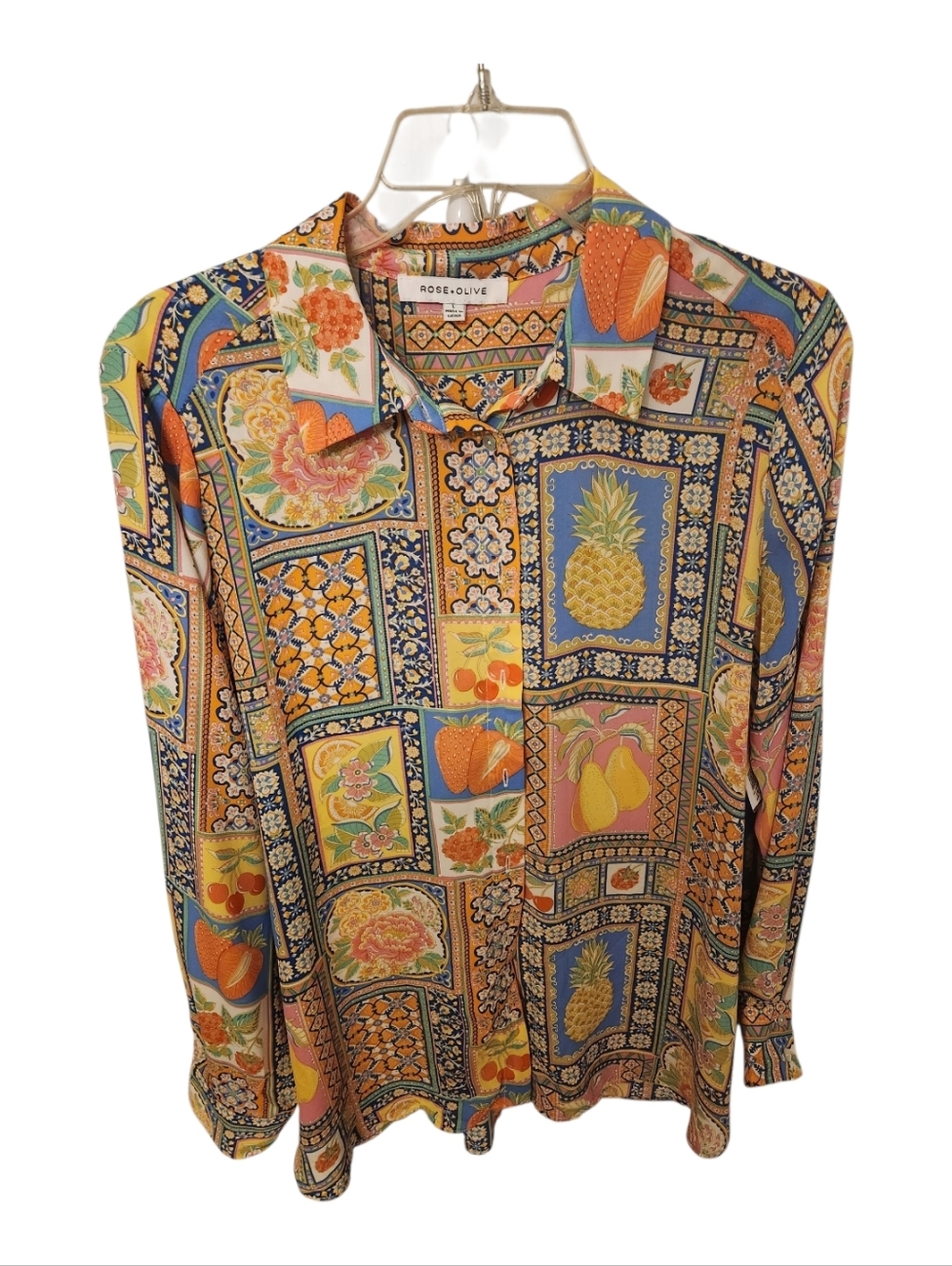 Ladies Rose & Olive Yellow Blue Multicolor Fruit Patchwork Button-Down Shirt